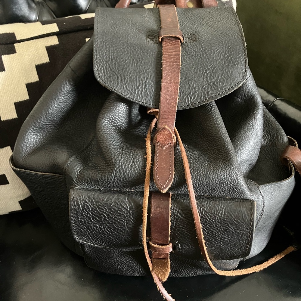 Black and Brown Leather Strap Backpack